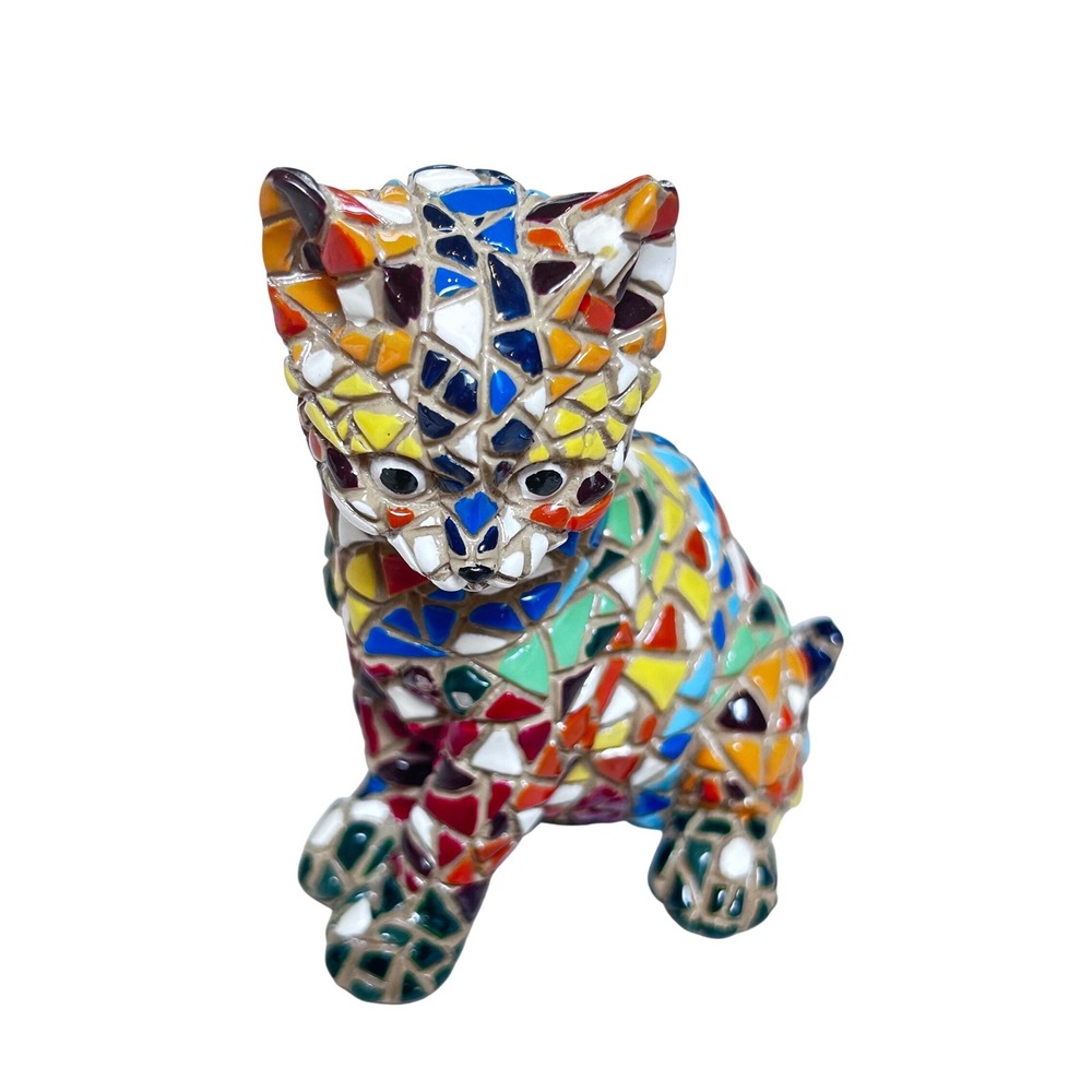 Colorful‎ Mosaic Cat Figurine Sitting Kitten Sculpture Folk Art Decor 3.75" Toy